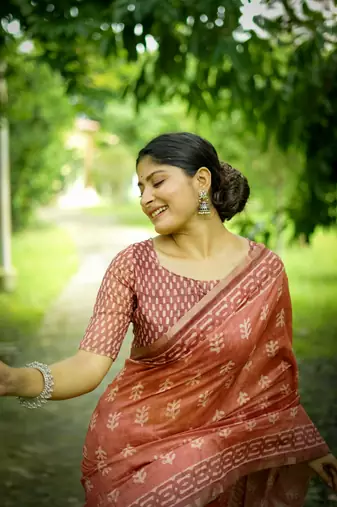 Orange cotton c saree with digital printed