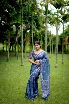 Blue cotton c saree with digital printed 1