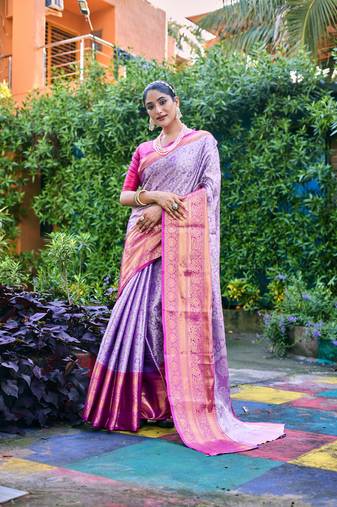 Women's Purple Banarasi Handloom Silk Zari Woven Traditional Saree with Blouse