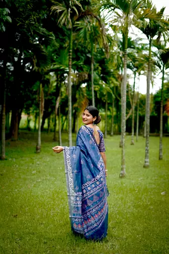 Blue cotton c saree with digital printed