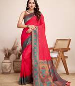 Pink heavy wevon designer jacquard silk blend saree for traditonal looks