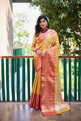 Women's Yellow Banarasi Handloom Silk Zari Woven Traditional Saree with Blouse
