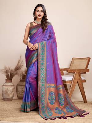 Violet heavy wevon jacquard silk blend saree traditonal looks 1