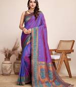 Violet heavy wevon designer jacquard silk blend saree for traditonal looks