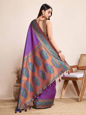 Violet heavy wevon jacquard silk blend saree traditonal looks 2