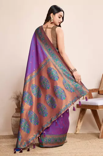 Violet heavy wevon jacquard silk blend saree traditonal looks