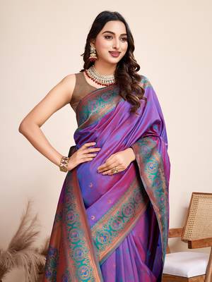 Violet heavy wevon jacquard silk blend saree traditonal looks 3