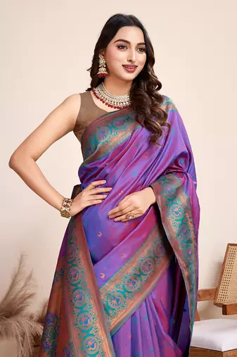 Violet heavy wevon jacquard silk blend saree traditonal looks