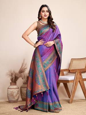 Violet heavy wevon jacquard silk blend saree traditonal looks 5
