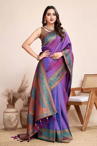 Violet heavy wevon jacquard silk blend saree traditonal looks