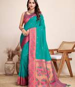 Rama heavy wevon jacquard silk blend saree for traditonal looks