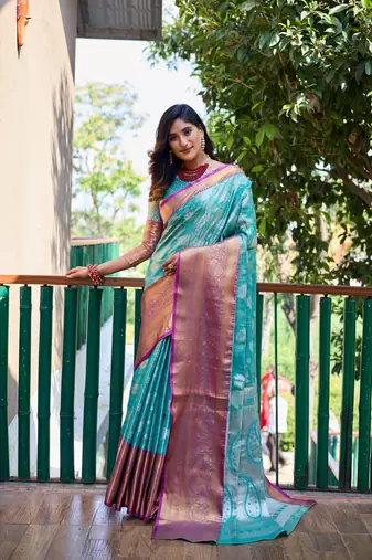 Women's Turquoise Banarasi Handloom Silk Zari Woven Traditional Saree with Blouse