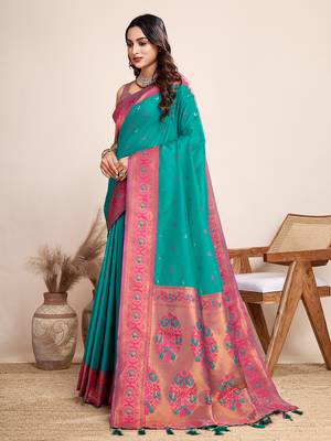 Rama heavy wevon jacquard silk blend saree traditonal looks 5