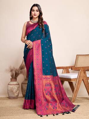 Blue heavy wevon jacquard silk blend saree traditonal looks 1