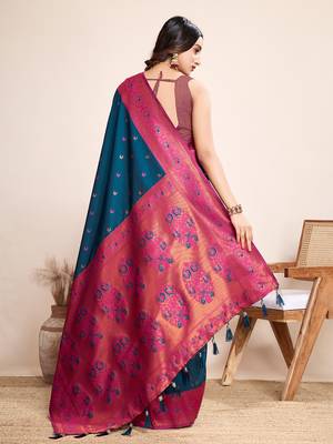Blue heavy wevon jacquard silk blend saree traditonal looks 2