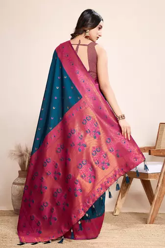 Blue heavy wevon jacquard silk blend saree traditonal looks