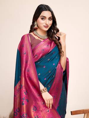 Blue heavy wevon jacquard silk blend saree traditonal looks 3