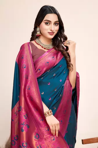 Blue heavy wevon jacquard silk blend saree traditonal looks