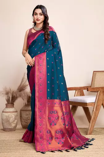 Blue heavy wevon jacquard silk blend saree traditonal looks