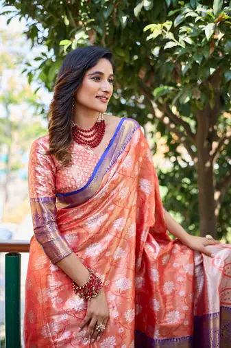 Women's Orange Banarasi Handloom Silk Zari Woven Traditional Saree with Blouse