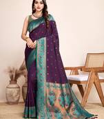 Purple heavy wevon designer jacquard silk blend saree for traditonal looks