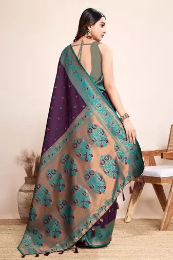 Purple heavy wevon jacquard silk blend saree traditonal looks