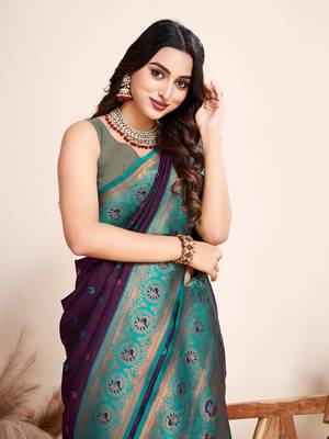 Purple heavy wevon jacquard silk blend saree traditonal looks 3