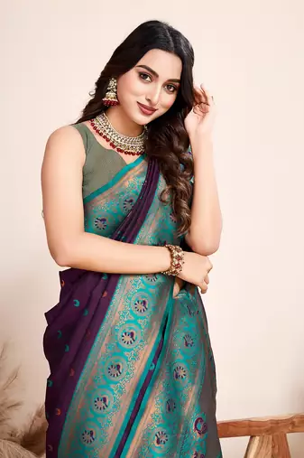 Purple heavy wevon jacquard silk blend saree traditonal looks