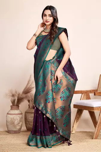 Purple heavy wevon jacquard silk blend saree traditonal looks