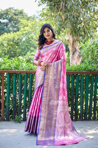 Women's Pink Banarasi Handloom Silk Zari Woven Traditional Saree with Blouse