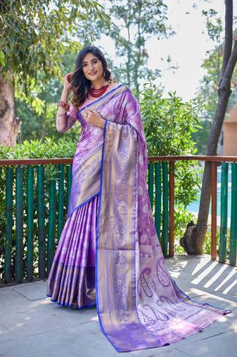Women's Purple Banarasi Handloom Silk Zari Woven Traditional Saree with Blouse