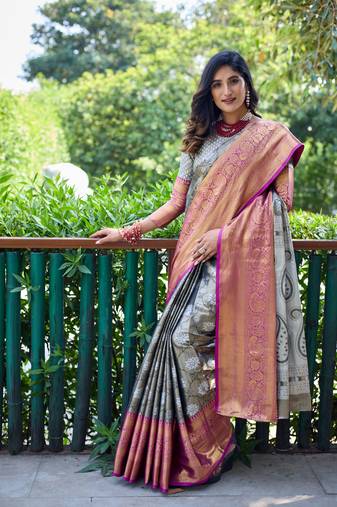 Women's Grey Banarasi Handloom Silk Zari Woven Traditional Saree with Blouse