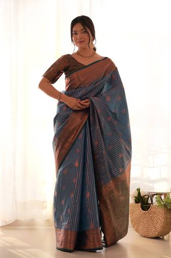 Women's Blue Faux Kanjivaram Silk Zari Woven Traditional Saree with Blouse