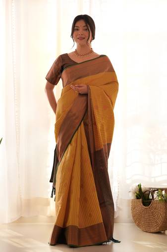 Women's Mustard Faux Kanjivaram Silk Zari Woven Traditional Saree with Blouse