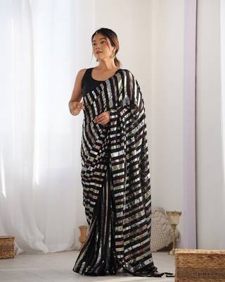 Black georgette c glamorous party sequins saree 1