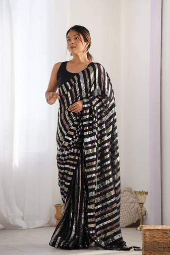 Black georgette c glamorous bollywood party sequins saree