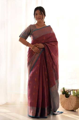 Women's Wine Faux Kanjivaram Silk Zari Woven Traditional Saree with Blouse