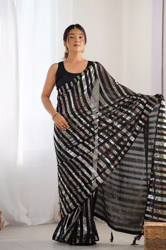 Black georgette c glamorous party sequins saree