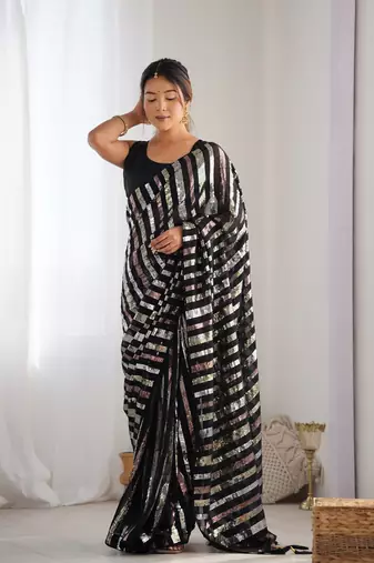 Black georgette c glamorous party sequins saree