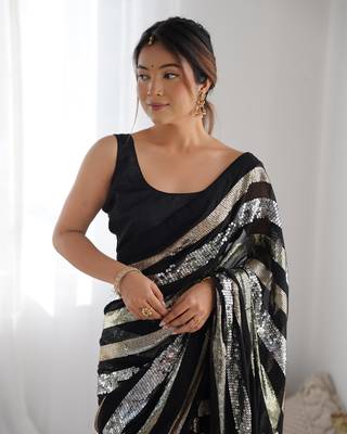 Black georgette c sequins work ceremonial saree 3