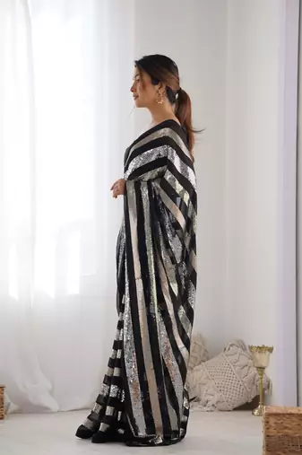 Black georgette c sequins work ceremonial saree