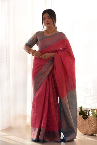 Women's Pink Faux Kanjivaram Silk Zari Woven Traditional Saree with Blouse