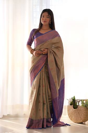 Women's Olive Faux Kanjivaram Silk Zari Woven Traditional Saree with Blouse