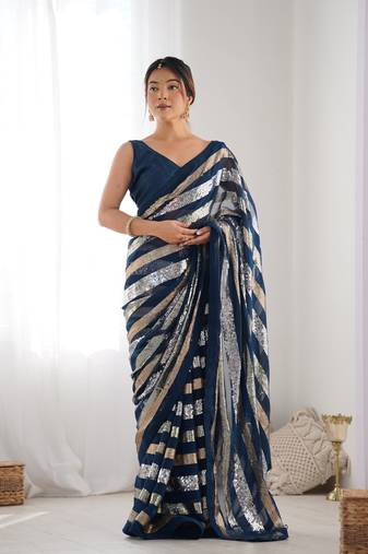 Petrol georgette c sequins work ceremonial saree