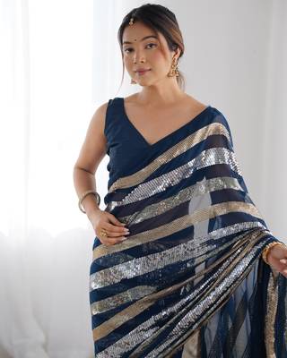 Petrol georgette c sequins work ceremonial saree 3