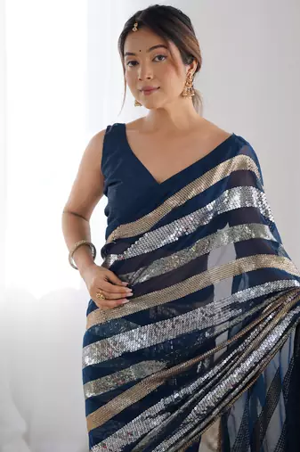 Petrol georgette c sequins work ceremonial saree