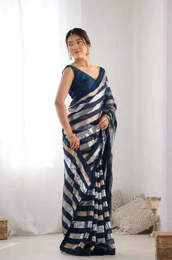 Petrol georgette c sequins work ceremonial saree
