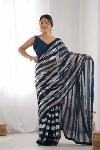 Petrol georgette c sequins work ceremonial saree