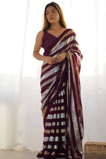 Wine georgette c sequins work ceremonial saree