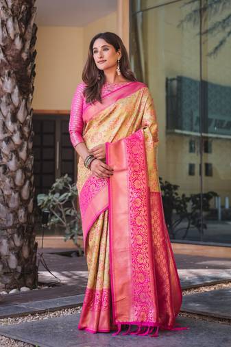 Women's Beige Faux Dharmavaram Silk Zari Woven Traditional Saree with Blouse